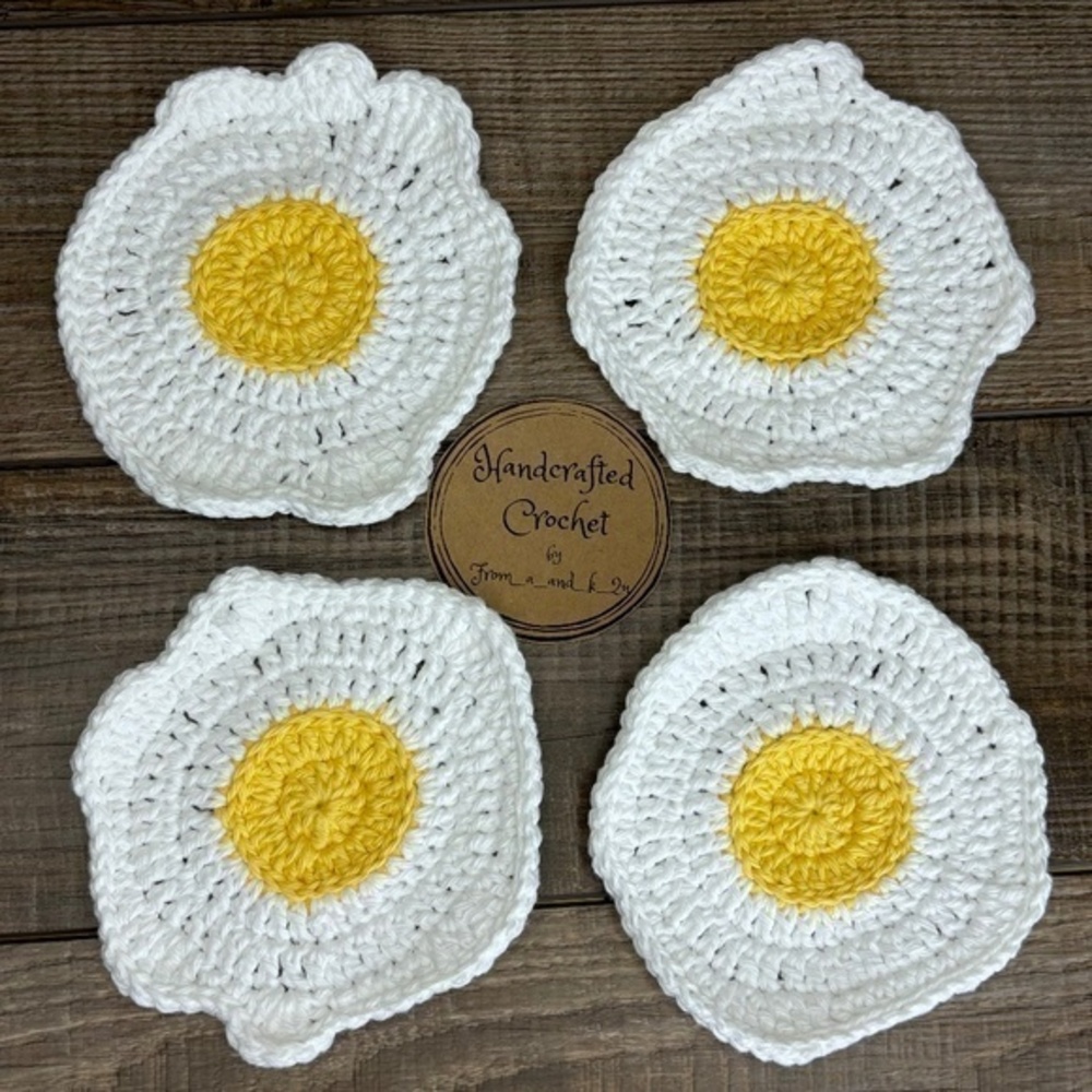 Coasters Sunny Side Up Fried Egg Cup Mug Set of 4‎ Handcrafted Crochet Cotton